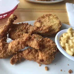Frog legs, Fried Green Maters Mac and Cheese