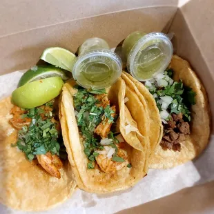 2 shrimp tacos and 1 steak