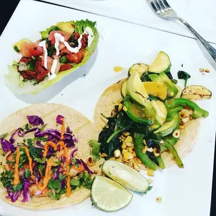 keto pastor, shrimp taco and taco ximena (an overloaded tasteless veggie taco that fell apart)