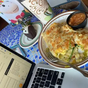 Breakfast crepe and lavender latte