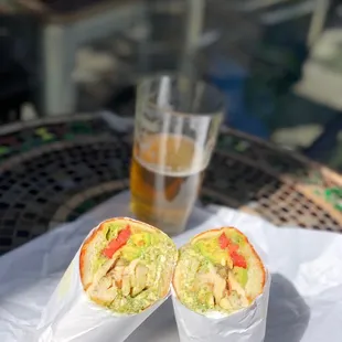 Chicken pesto sandwich on Dutch crunch bread, with Swiss cheese and arugula. Yum!