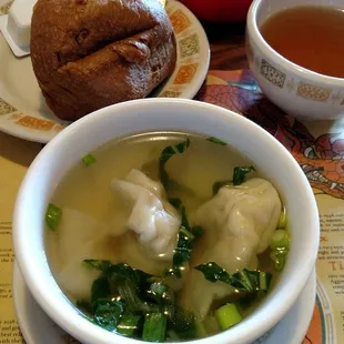 Wonton soup, warm roll &amp; fried wontons!