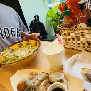 Pan Fried Vegetable Dumplings in the front and Brother Lin's Beef Noodle Soup in the back