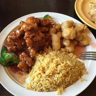 General Tso's chicken, sweet and sour pork with fried rice.
