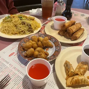 Singapore chow mei fun  Fried Wontons Egg Rolls  Sweet and sour pork