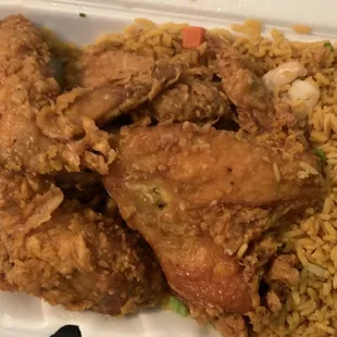 Wings with shrimp fried rice. Not bad.