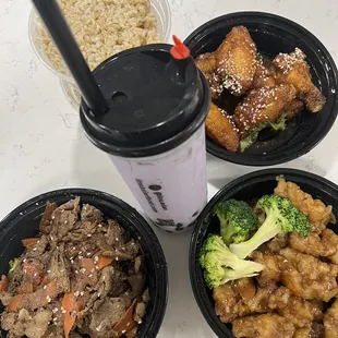 Korean Bulgogi Steak, Orange Chicken, Fried Chicken Wings, Taro Milk Tea