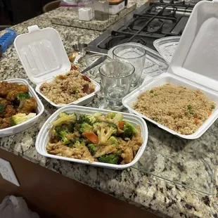 General Tso&apos;s chicken. Chicken and broccoli. Pork fried rice.