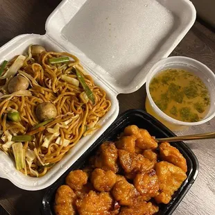 Lo Mein noodles and General Tsos chicken that I cautiously ate slow after finding a thumbtack in my Miso soup.