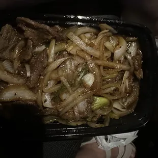 Mongolian beef mostly onions thought the green was bell peppers but it was green onion