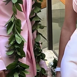 Maile lei, boutonniere and corsage