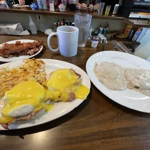 Eggs Benedict, corn beef hash, biscuits and gravy.