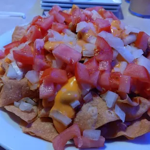 Nachos with tomatoes and onions added