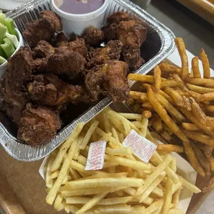 Wings (sauce on side) fries and seasoned fries