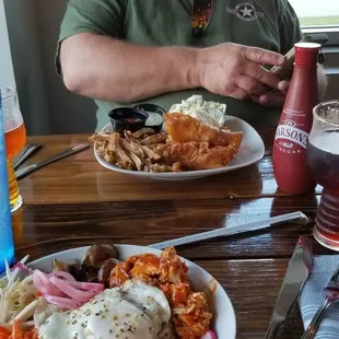 Fish and chips and spicy chicken Korean bibimbop bowl