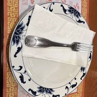 a plate with a fork and a napkin