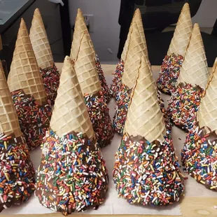 Freshly made hand dipped and sprinkled waffle cones