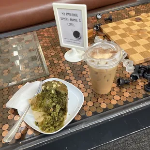 I ordered a matcha strawberry muffin and oat milk specialty latte.