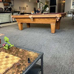 The view from my corner seat - showing the espresso bar in top left, pool table in center and tables and chairs beyond the billiards.