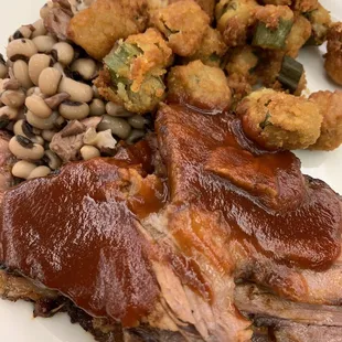 BBQ brisket with fried okra, black eyed peas $8.99
