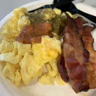 Scrambled eggs, salsa and bacon