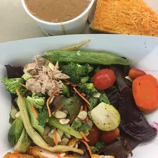 Mushroom bisque soup, cheesy bread and salad bar finds