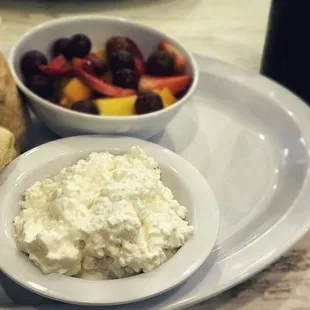 chicken wrap, fruit bowl and cottage cheese
