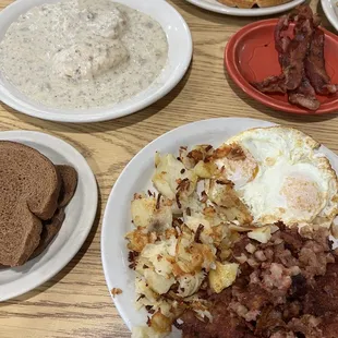 Biscuits and gravy, waffle, corned beef hash.