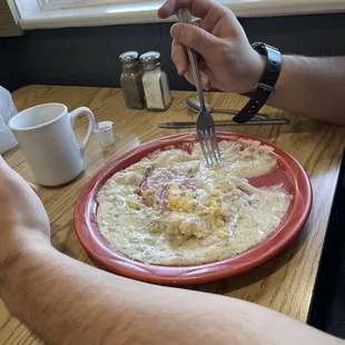 Biscuits, gravy, and eggs.