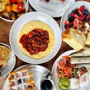 Shrimp &amp; Grits Potatoes Waffle Huevos rancheros Ricotta toast Avocado toast  follow @bzeaters on IG for more recs!