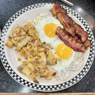Lyonnaise potatoes, eggs, and bacon