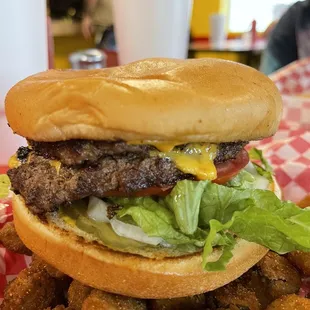 Double Cheeseburger with fried okra