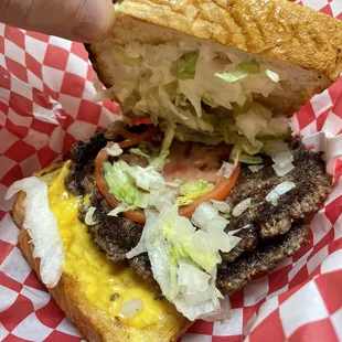 West-Sider Burger: double meat-double cheese burger with lettuce, tomato, pickles, onion (minus the mustard sub mayo) on Texas toast