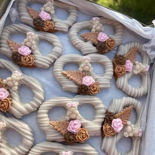 Chocolate covered large twisted pretzel with fondant