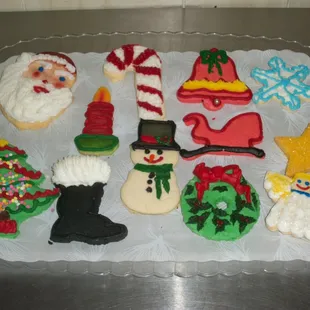 a tray of christmas cookies