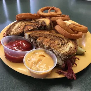 Reuben or Rachel Sandwich I got onion rings on the side with my reuben- the beef was really good.