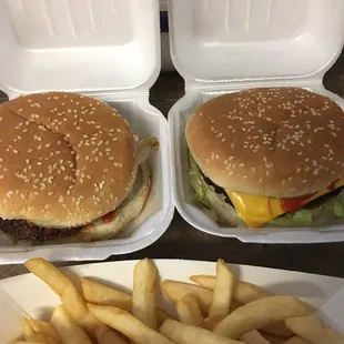 two burgers and french fries