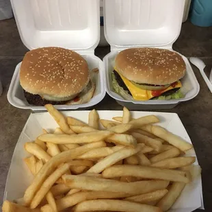 Hamburger, cheeseburger &amp; a large order of fries.