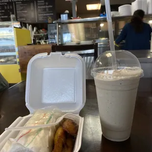 Chicken tamale, fried plantains &amp; vanilla coffee blended drink!