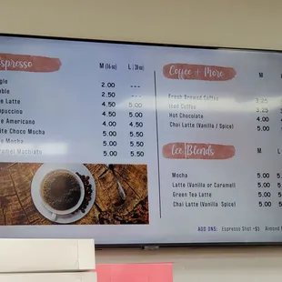 Menu: coffee (S, M, L), espresso &amp; ice blends