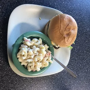 Cheeseburger and macaroni salad