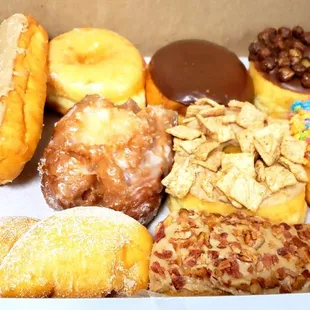 Box of sugary donuts.