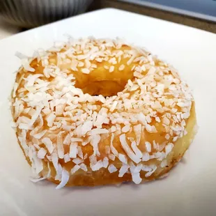 a donut covered in coconut flakes