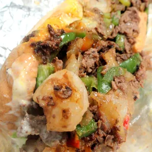 Super Cheesesteak (with shrimp, mushrooms, green peppers)
