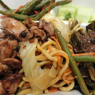 Box from the buffet:  teriyaki chicken, lo mein, collards, green beans, cucumber salad