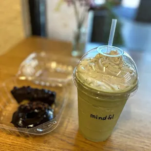 Mindful Matcha, Chocolate Donut, Snickers Bar