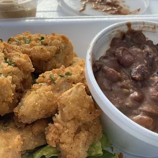 Jackfruit wings with red beans n rice and a side of greens