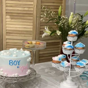 Baby gender reveal cake and cupcakes  Layer Cake Cupcakes