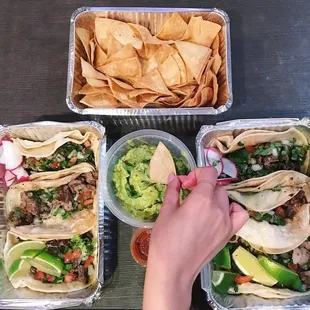 Ordered takeout: STEAK TACOS, CARNITAS TACOS and CHIPS &amp; GUAC