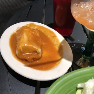 a plate of food and a drink